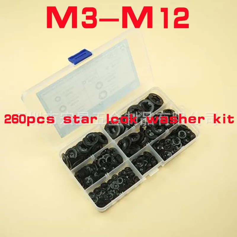 

240/260pcs m2 m2.5 m3 M4 M5 M6 M8 m10 m12 star lcok plum Bearing retaining rings Assorted Internal Tooth Star Lock Washer Kit