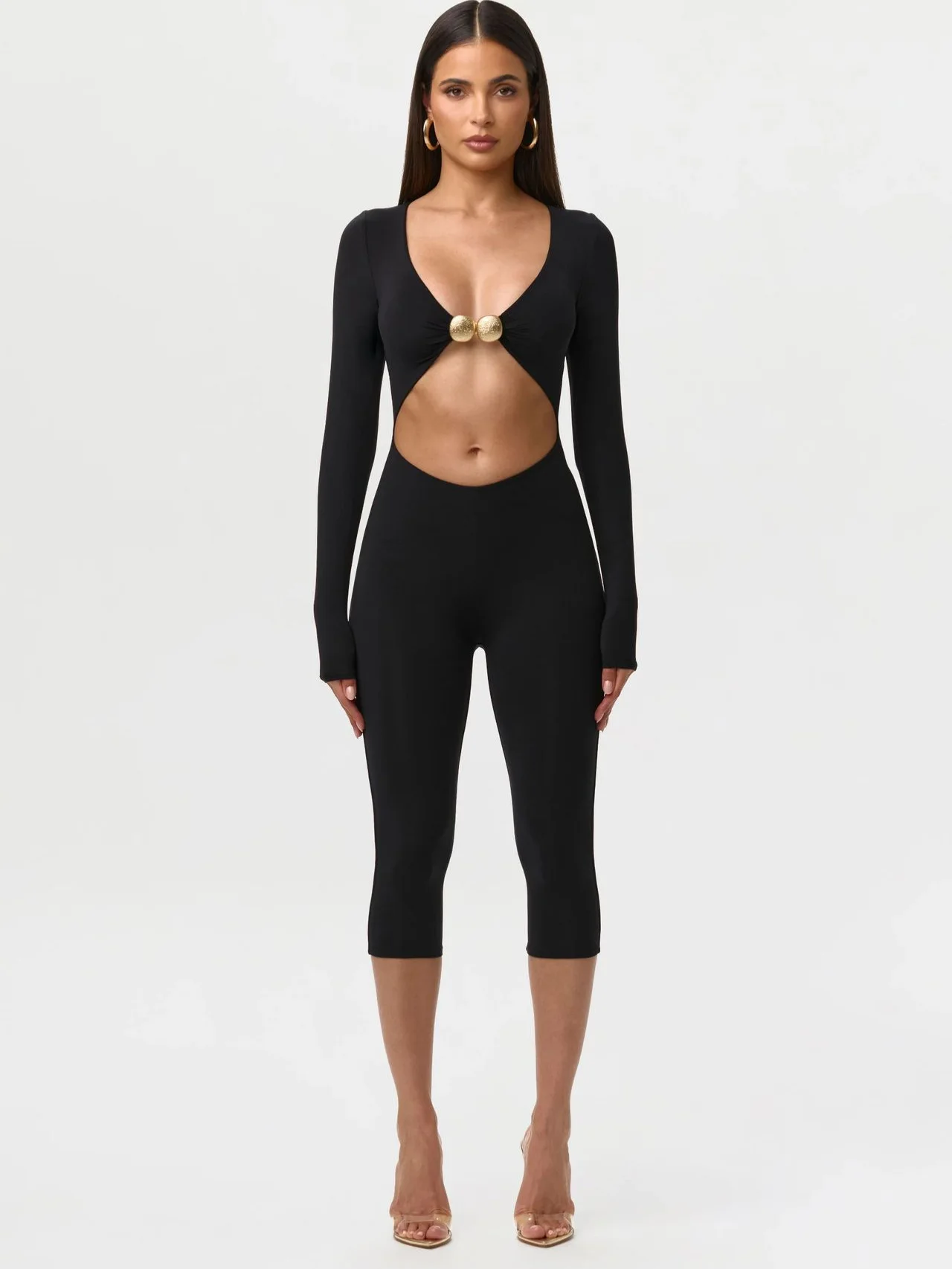 Combinaison Capri Élégante Imprimé Léopard Découpée 2026 Femme Manches Longues Slim Décor Strass Streetwear Club Bodysuit