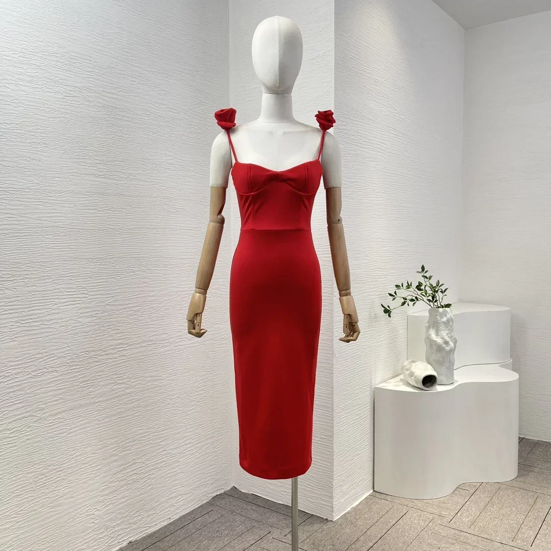 

Women Red Midi Tube Dress Handmade Roses Decorate High Slit Hem Sleeveless for Party High Quality 2024 Summer New