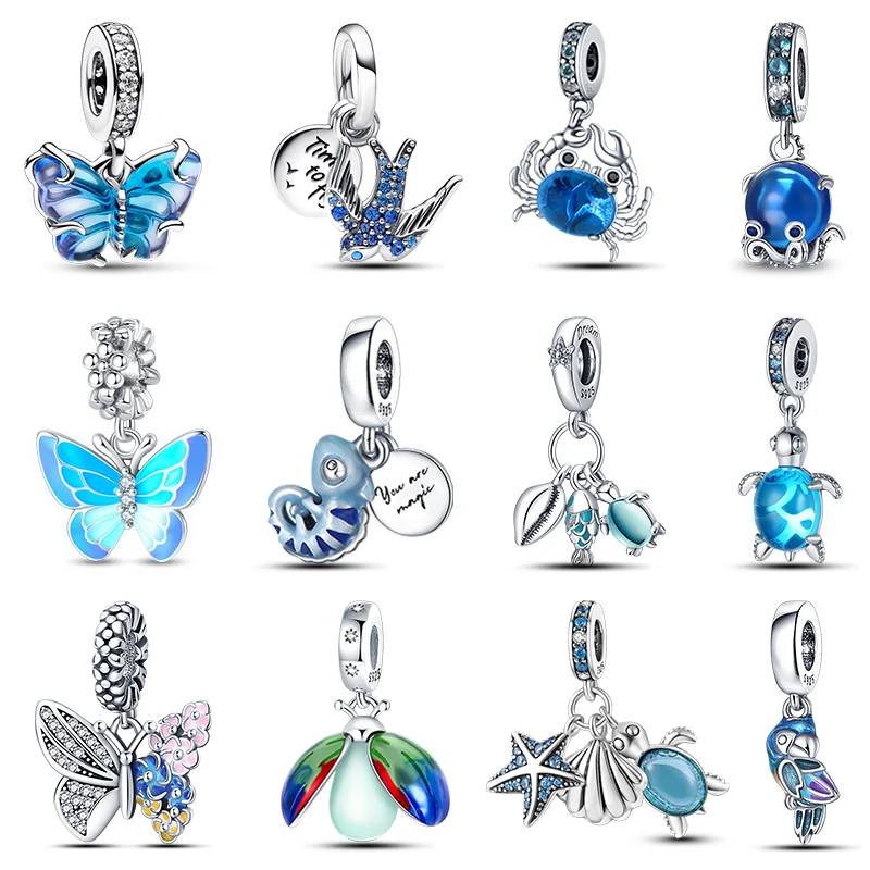 100% 925 Sterling Silver Blue Ocean Animal Glow Butterfly Crab Charm Beads Fit Pandora 925 Original Bracelets Luxury DIY Jewelry