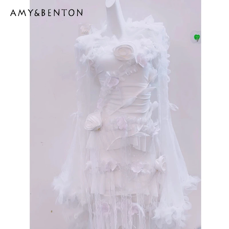 

Original Design White Lace Hollow Out Splicing Women's Dress Gothic 2025 New Multi-layered Flared Ruffled Long Dresses Ladies