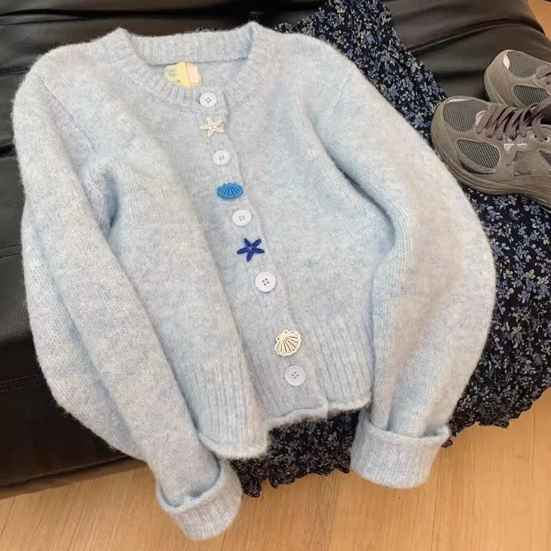 

Baby Blue Knitted Cardigans Women Spring Autumn Long Sleeves Single Breasted Lovely Sweater Coats Fresh Sweet All-matched Tops