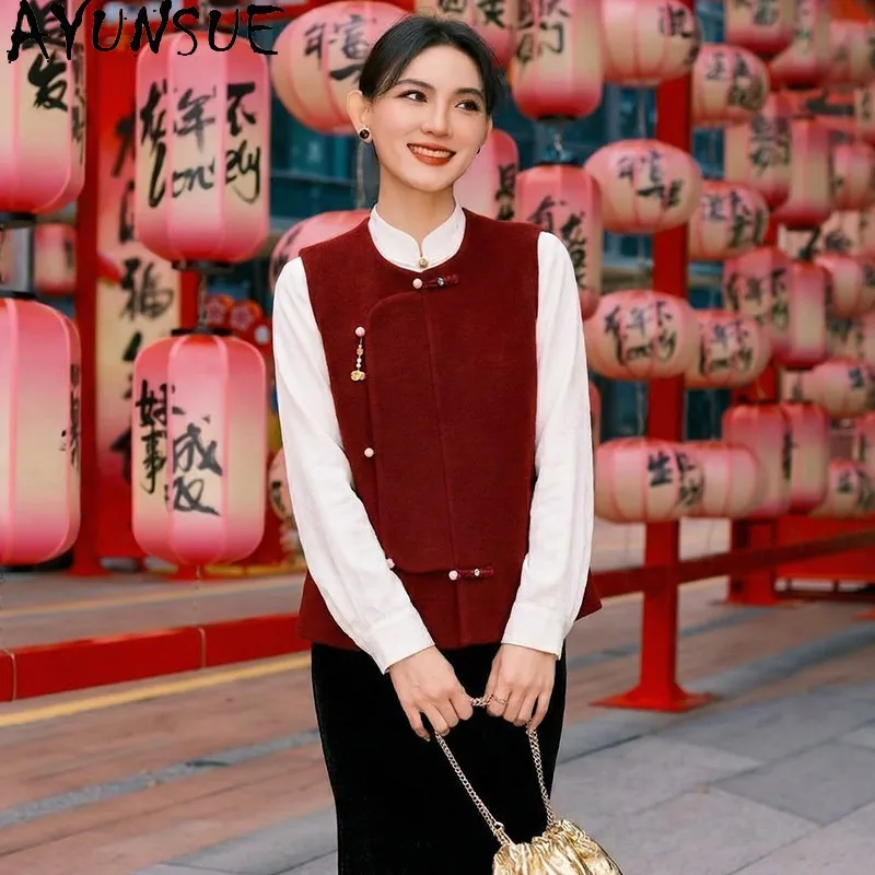 

AYUNSUE Women's 100% Wool Vest Chinese Style Retro Double-sided Wool Sleeveless Jacket O-neck Red Coat Woman Clothes Ropa Mujer