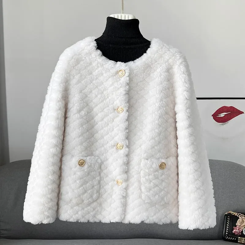 2024 Winter Frauen Mode imitieren Woll mantel O-Ausschnitt einreihig lässig Lamm Fleece Mantel Mode neue Dame Jacke