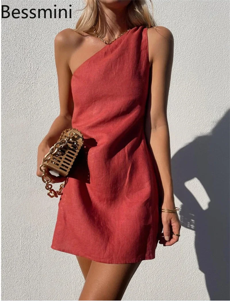 

Fashion Slant Neck Women Dresses Summer Solid Color Commuter Dress Simple Style Cotton Linen Gown Casual Female Sleeveless Frock