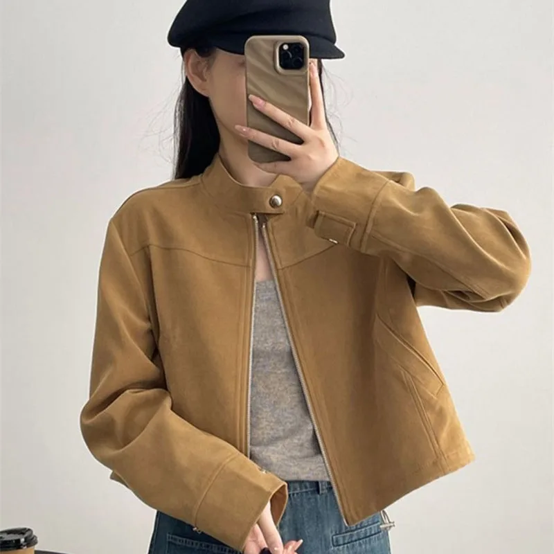 Retro feminino gola forrado outwear avançado feminino mangas compridas jaqueta primavera outono senhoras moda zíper locomotiva casaco