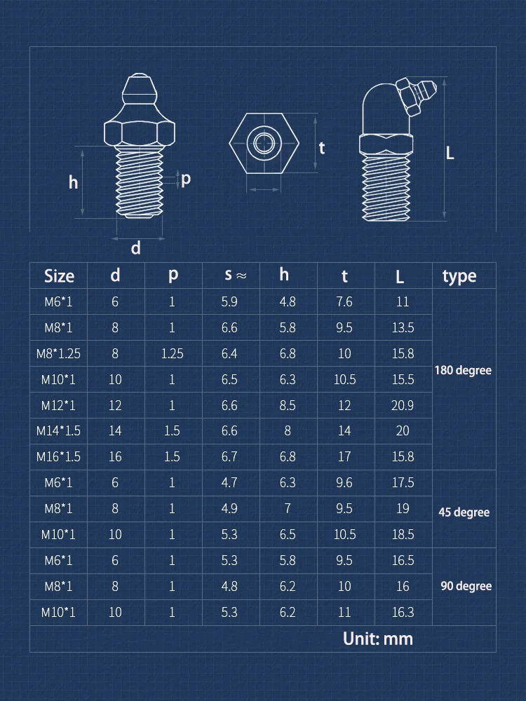 M6-M16 Brass Hydraulic Grease Nipple Fittings Fine Thread 45 /90/180 Degree Grease Nipple Fitting For Grease Gun Accessory