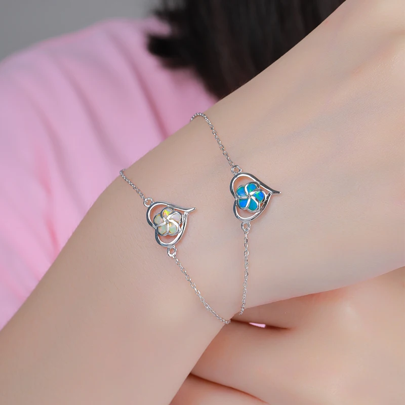 MYOP-925 Sterling Silver Heart-Shaped Flower Opal Pulseira, estilo simples, moda personalizada, festa de verão