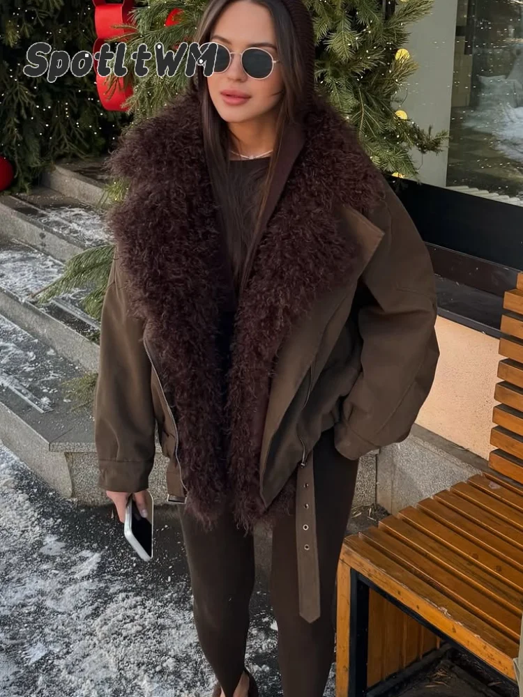 Women Faux‑fur Collar Jackets Fashion Long Sleeve Cropped Bomber Oversized Outerwear Y2k Lady Winter Warm Outer Coats New 2026