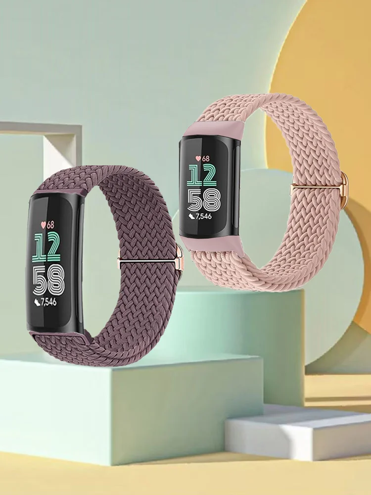 2 Stuks Sport Nylon Gevlochten Band Armbanden Rekbaar Voor Fitbit Charge 5/6 Elastische Band Lus Voor Fitbit Versa 3/4 Smart horloge