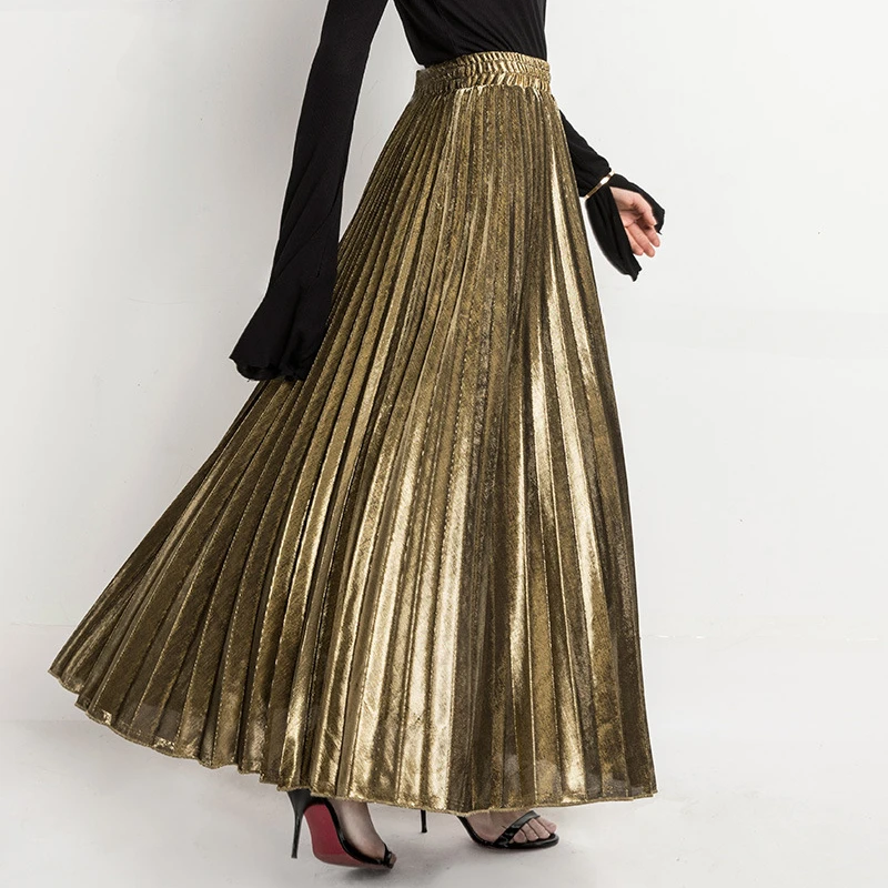 Women's Premium Gold Shiny Shimmer Accordion Pleated Long Maxi Skirt Fashion Party Skirt Dancing Skirt