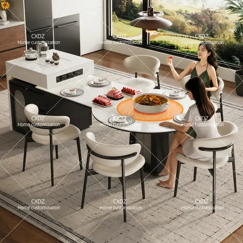 Rock Slab Island Dining Table Smart Voice Control Electric Telescopic Folding Square Table with Food Warming Function for