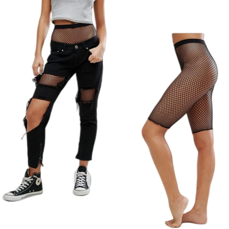 Fishnet Shorts Women's Biker Shorts Elastic Waist See Through Net Cycling Shorts Stretch Half Tights Black Red White Color