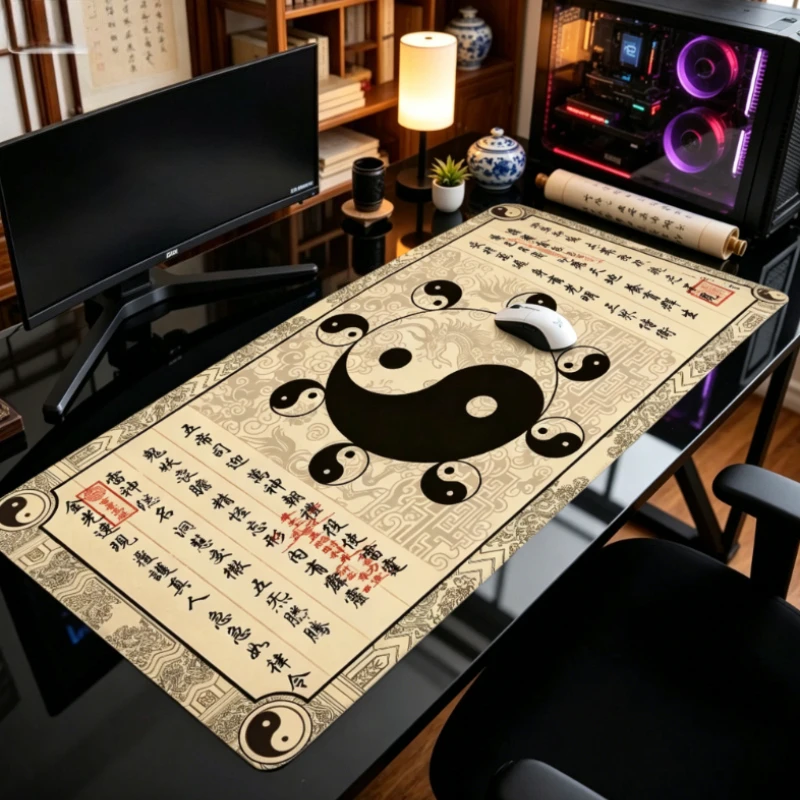 Vintage Chinese Taiji Bagua Desk Mat, Large Non-slip Rubber Gaming Mouse Pad Traditional Taoist Calligraphy Keyboard Table Mat
