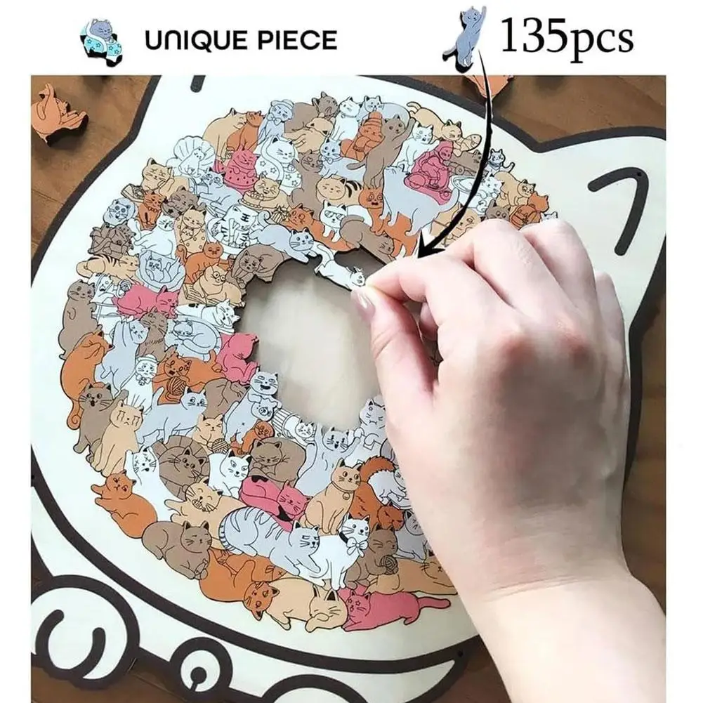

135-Piece Morandi-Colored Cat Shaped Wooden Jigsaw Puzzle Cute Cat Puzzle Decorations For Cat Lovers Puzzle Collectors