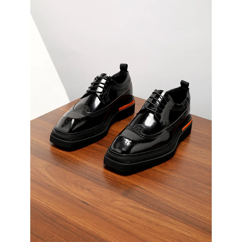 Mens Genuine Leather Brogue Derby Dress Shoes Thick Sole Height Increasing Glossy Carved Brogue Shoes for Men
