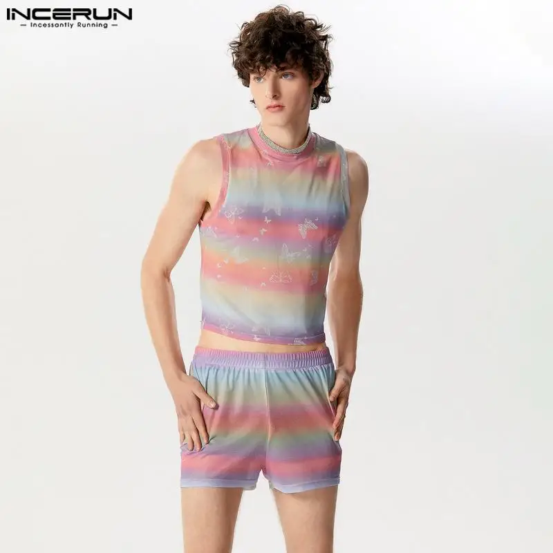 INCERUN 2024 Summer Men\'s Sets 2PCS Sleeveless Printed Mesh Tanks Tops & Shorts Streetwear Transparent Men\'s Casual Suits S-5XL