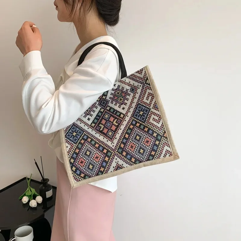 

Handbag Retro Tote Bag Women's Shoulder Large Capacity Commuter Ethnic Style Organizer Summer Female Fashion Satchel Packaging