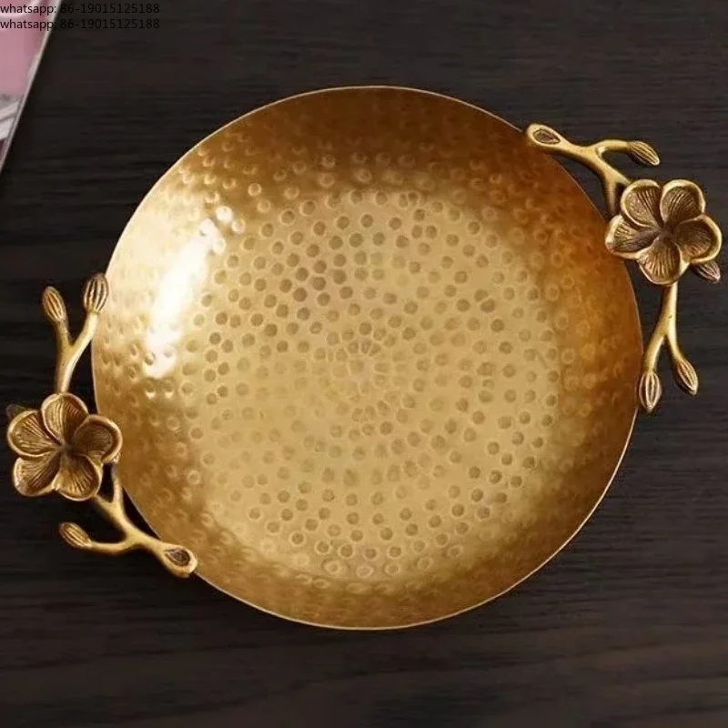 European Fruit Tray,Retro Brass Portable Engraving Plum Blossom Round Shape 23 cm Food Plate,Snack Plate Home Table Decoration
