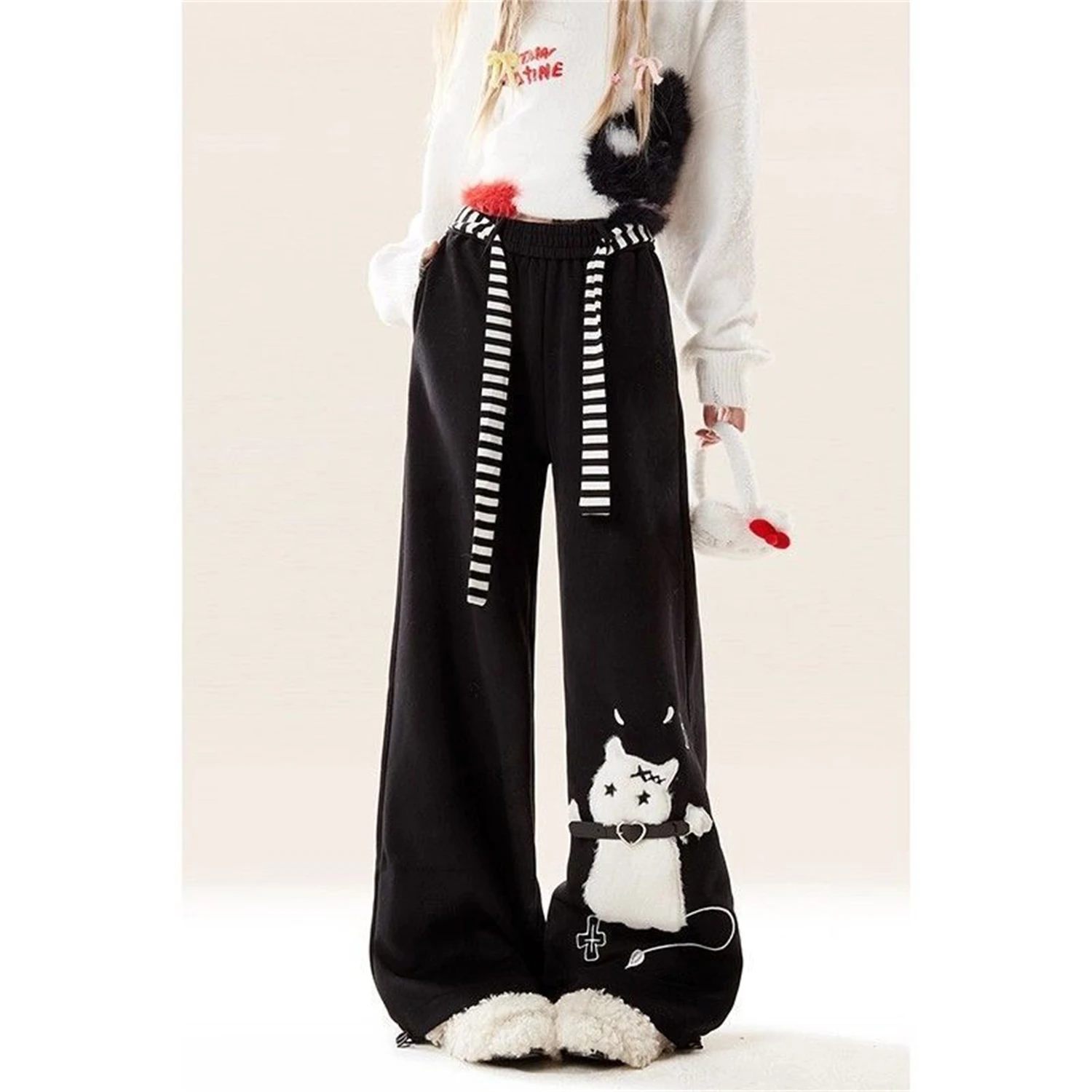 Women's Wide Leg Pants New Fashion Cartoon Cat Graphic Print Striped Drawstring High Waist Loose Y2K Casual Streetwear Trousers