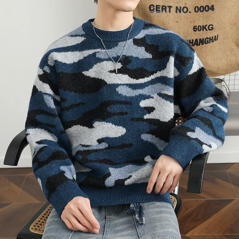 Moda camisola para homens o-pescoço fino ajuste pullovers camuflagem impressão malhas grosso quente inverno casual roupas masculinas jumper