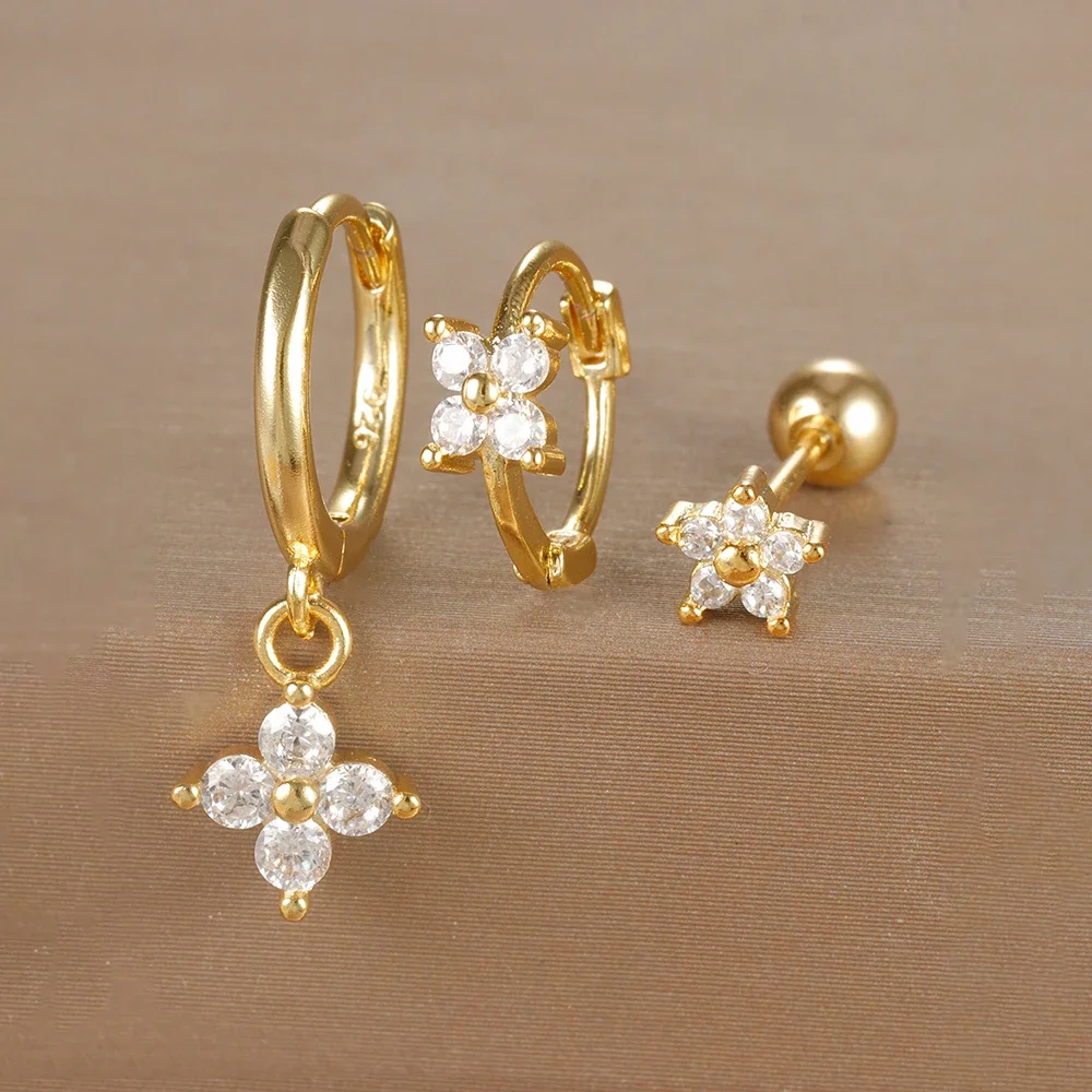 3PCS Stainless Steel Flower Cubic Zirconia Hoop Earrings Set For Women Gold Color Piercing Earring Vintage Waterproof Jewelry