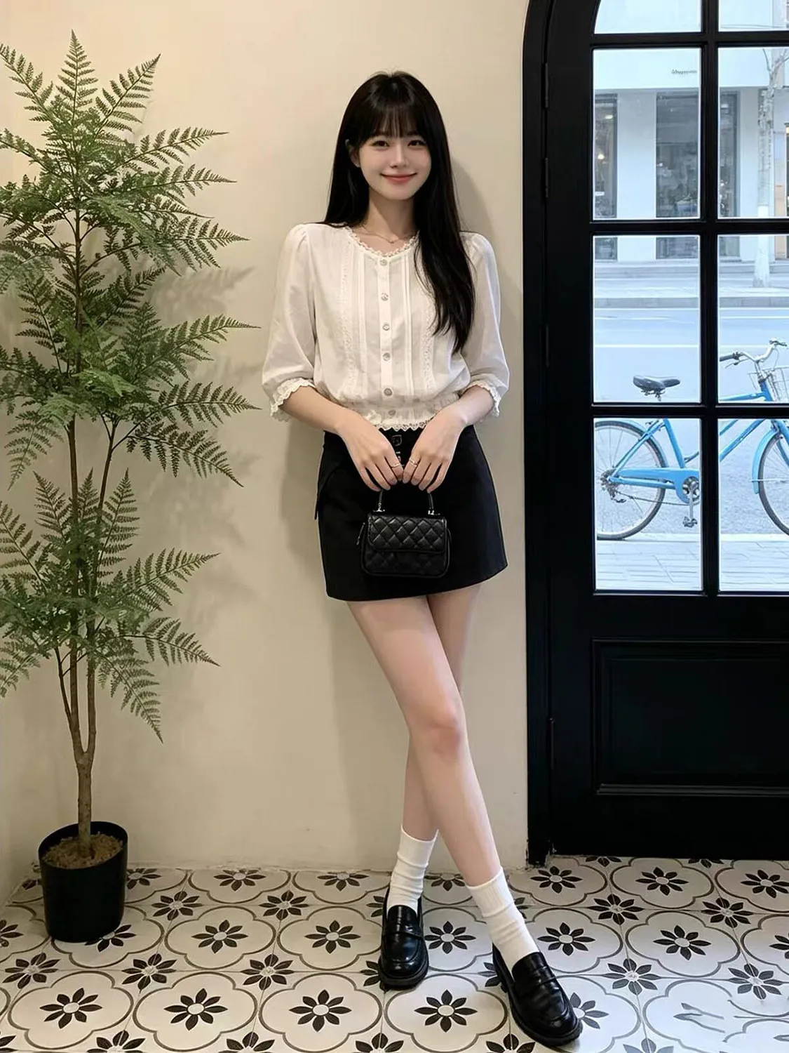 Korean Style Slim Fit Pure Color High Intelligence Gentle Lace Short Sleeve Blouse Fashionable Floral Trim Top for Women
