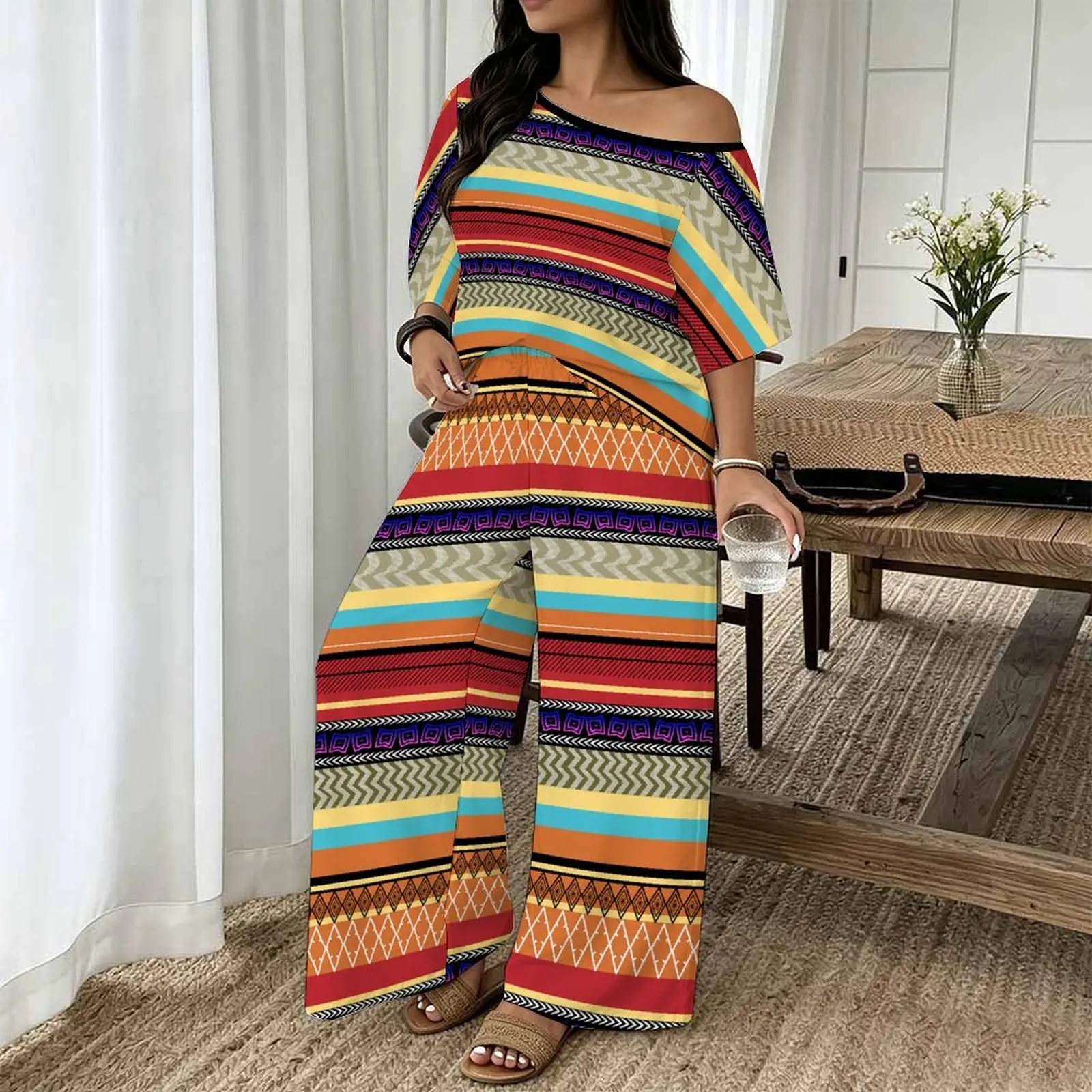 Plus Size Women Casual Print Two Piece Set Round Neck Sloping Shoulders Short Sleeved Top Clothes Beach Vacation Sweatpants
