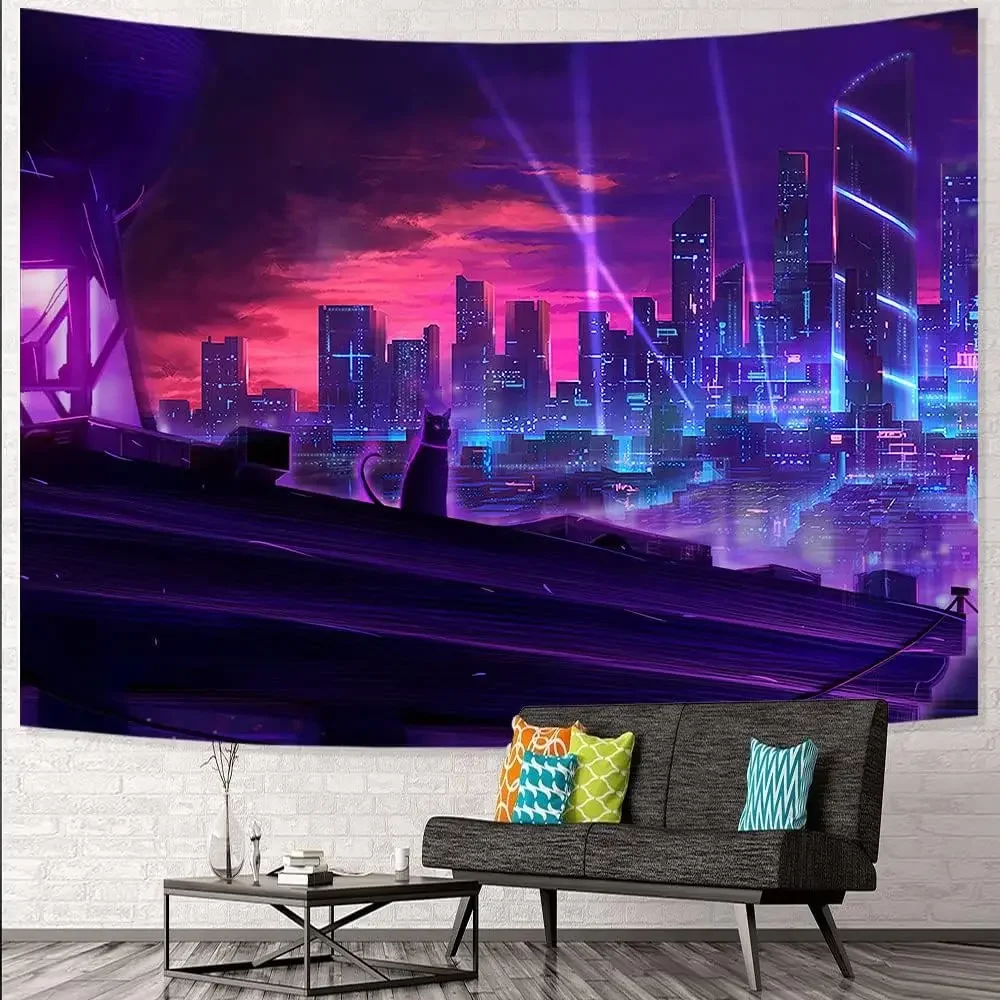 Neon City Night Tapestry Japanese Punk Cityscape Cat Wall Hanging Retro Futuristic Skyscraper Tapestries 80x60Inch