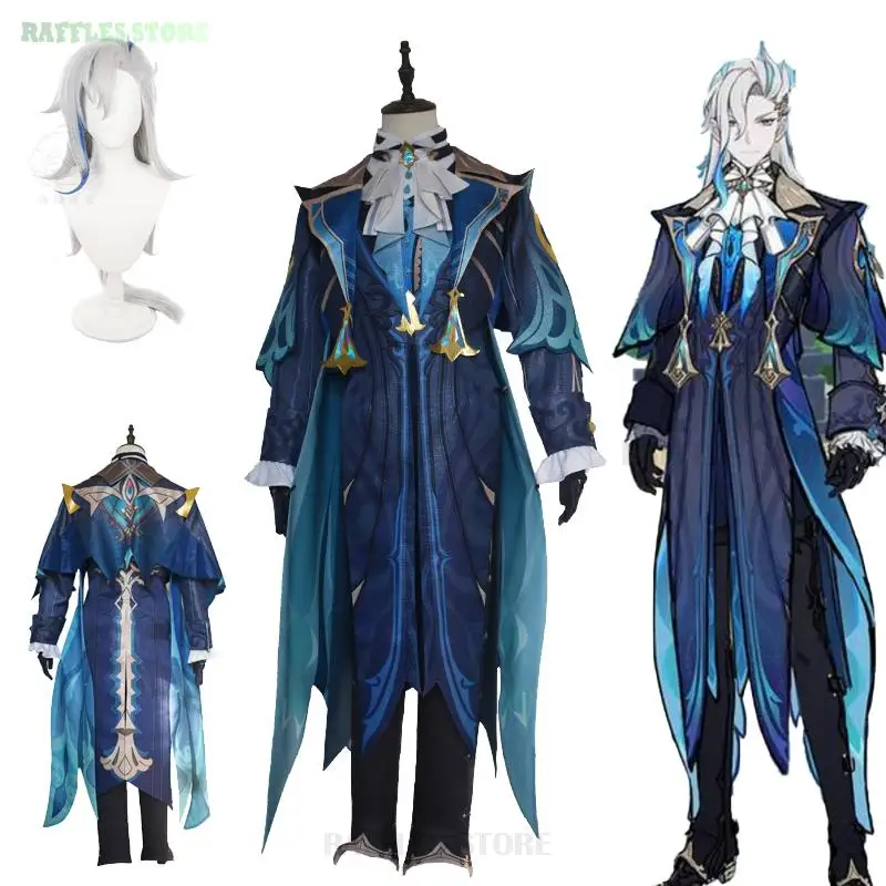 Neuvillette Cosplay Genshin Impact Fontaine Nevillette Cosplay Kostuum Pruik Uniform Halloween Party Roleplay Heren Fancy Pak