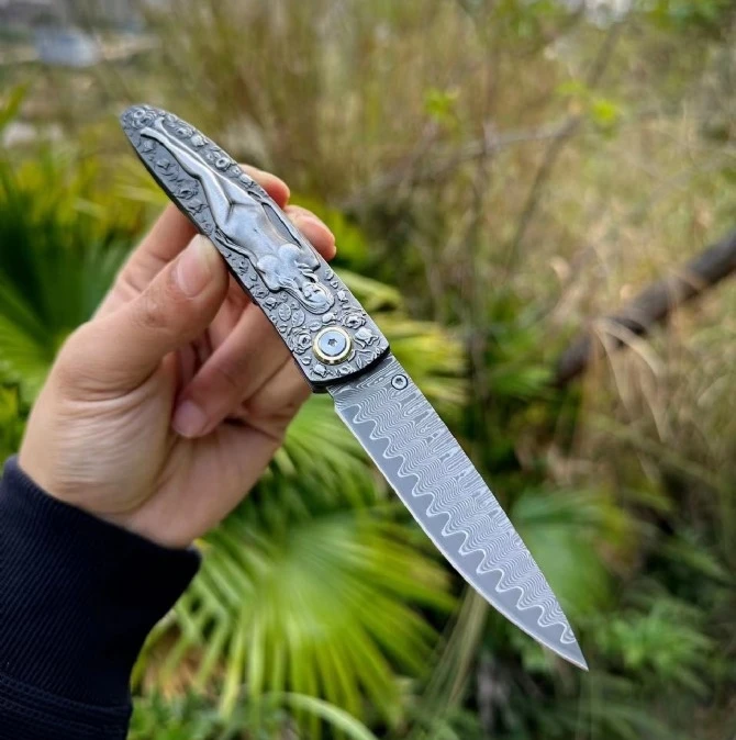 Paodin Musa Beauty Pocket Folding Knife Damascus Blade Steel Engraving Handle Tactical Hunting Camping EDC Survival Tool Knives