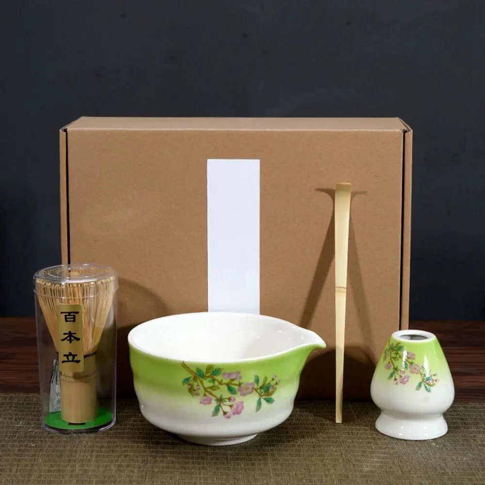 4PCS New Bamboo Ceramic Japanese Matcha Tea Set with Spout Food Grade Match Bowl Reusable Safe Green Tea Whisk Stirring