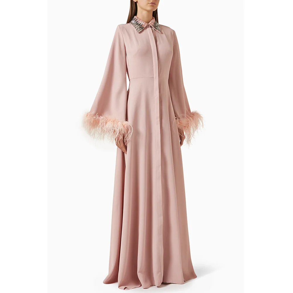 Nouvelle robe de soirée personnalisée plumes manches longues col haut perles colloaire une ligne Abaya robe de bal robes de soirée arabe