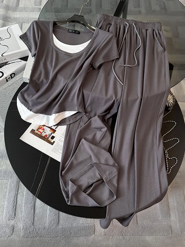 

Gray Casual Sportswear Set for Women Summer Slim Fit Waist Cinch Fake Two-Piece Short Sleeve Top Wide Leg Pants Two-Piece Set