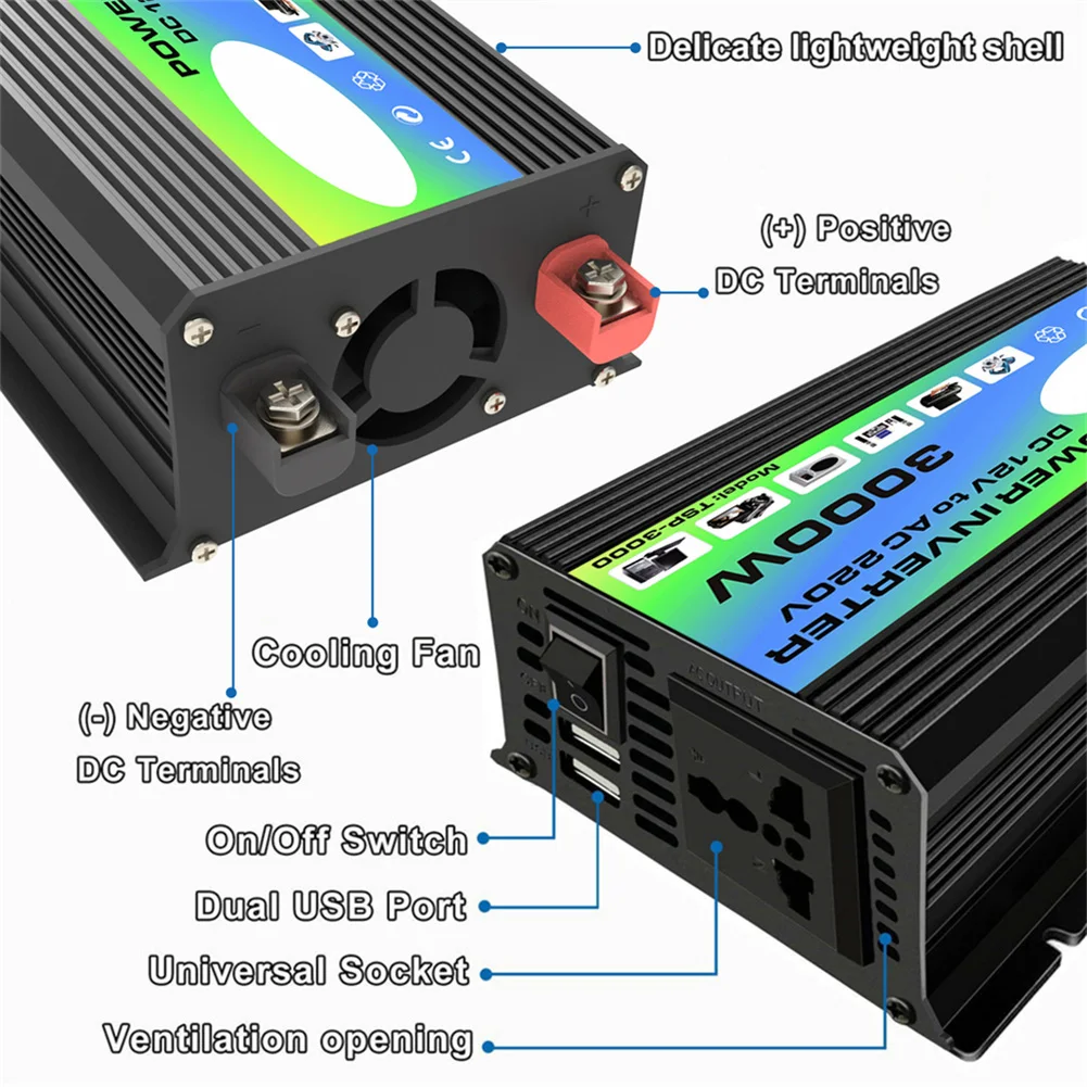Pure Sine Wave Inverter 3000W DC 12V To AC 110V/220V Invertor Dual USB Charge 4.2A Car Converter Power Inverter Car Accessories