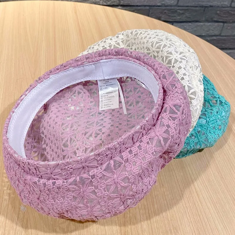 Multi Colored Summer Crochet Beret for Women Slouchy Breathable Lace Beret Hat Cutout Floral Beanie Cap Head Covering Cotton Hat