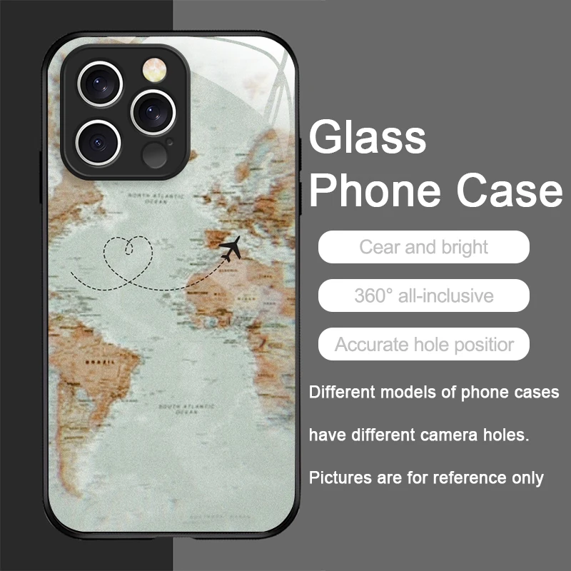 Custodia per telefono in vetro temperato con mappa di viaggio creativa modello aereo per IPhone 17 16 Pro Max 15 14 13 12 Mini 11 X XS 7 8 Plus Copertine