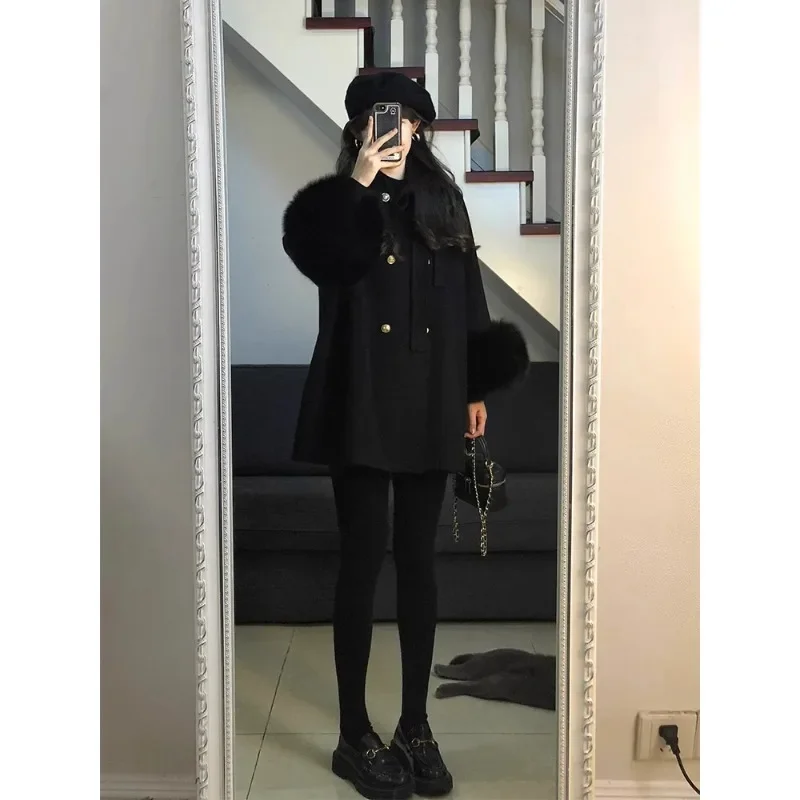 Large Size Winter High-end Woolen Coat Female 2024 New Women's Clothing Loose Long Sleeve Mid-length Wool Black Coats for Women