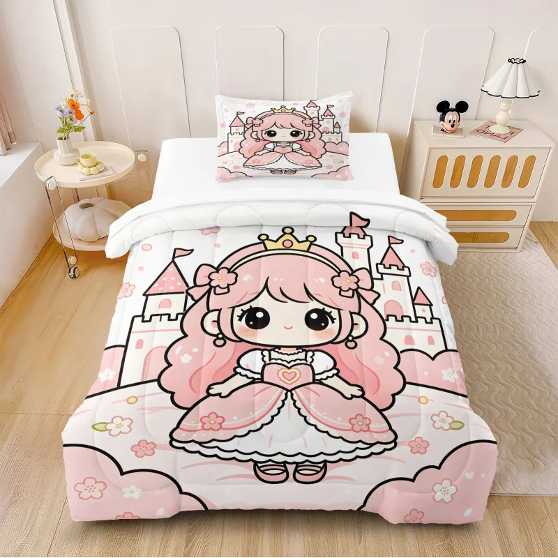 Cute Pink Princess Castle Floral Print Quilt Comforter Set Bedding Set Pillowcase HD Art Print Cozy Aesthetic Bedroom Bed Kit