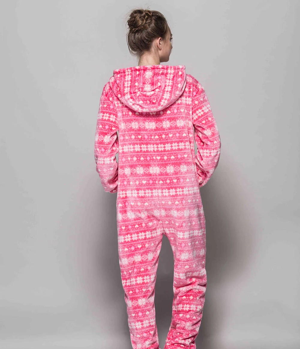 Adult Onesies Pink Hooded Flannel Pajamas Women\'s One Piece Sleepwear Christmas Jumpsuit Gifts For Winter New Year Onesie Pijama