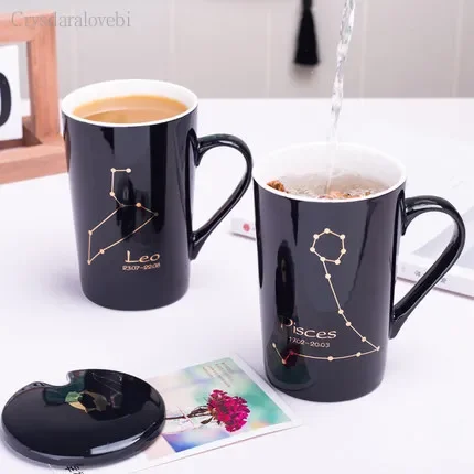Ceramic Mugs 12 Constellations Creative Mugs With Spoon Lid Black Mug Porcelain Zodiac Milk Coffee Cup Drinkware Couples Gift
