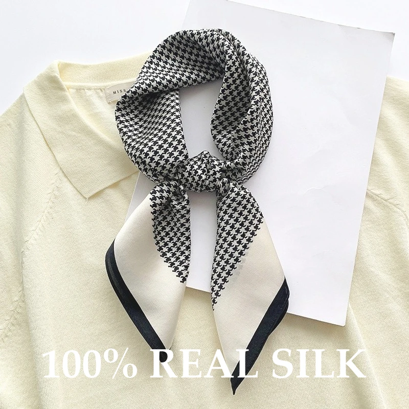 

100% Natural Real Pure Silk Scarf 65cm Square Bandana Fashion Houndstooth Print Shawl Bufanda Echarpe Hijab Neckerchief Poncho