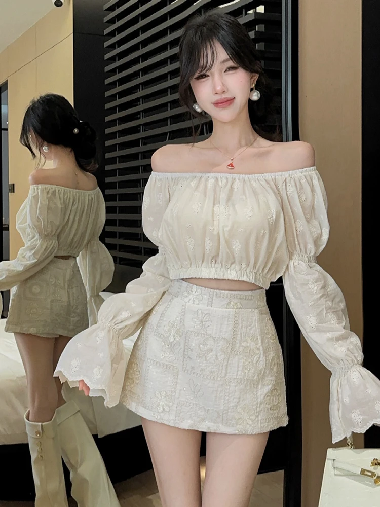 Sweet And Spicy Court Style Slim Fit Shirt And  Skirt Set with Bell Sleeves Short Straight Cut Breathable Casual Wear