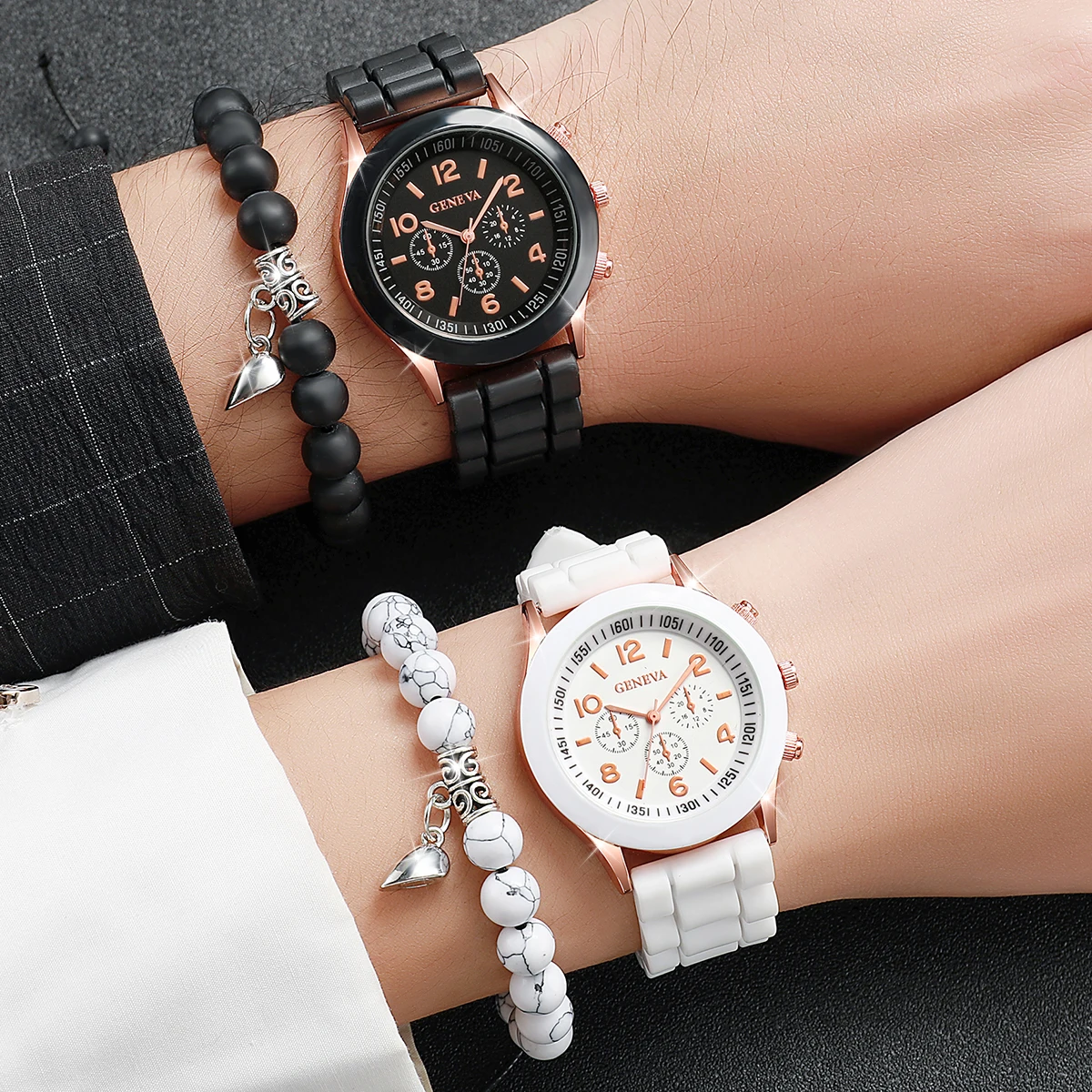 Montre à Quartz en Silicone pour Couple, 4 pièces/ensemble, avec Bracelet de perles pour amoureux