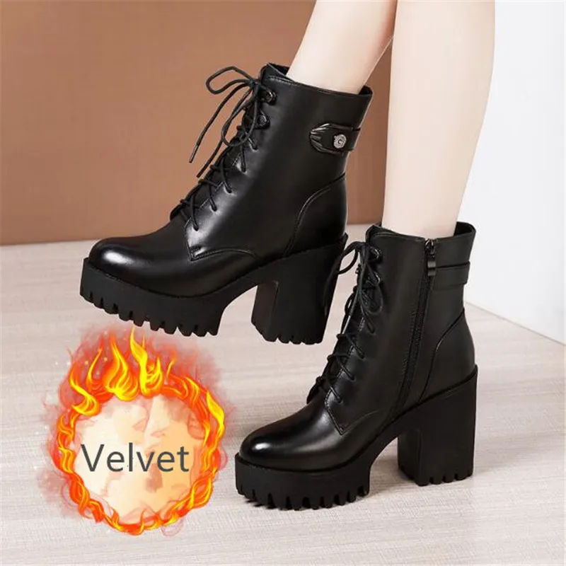 Brand Women\'s Ankle Boots Genuine Leather Combat Boots Women Shoes Platform Black Fashion Autumn Winter Motorcycle Boots Ladies