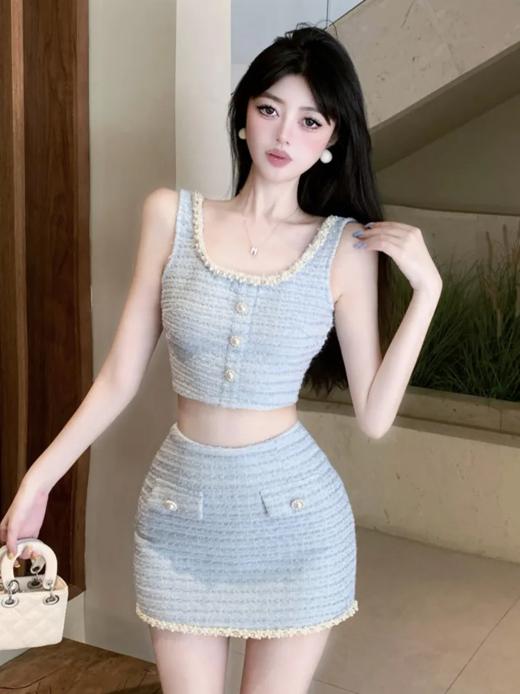 High Street Fashion Luxury Beading Small Fragrance Two Piece Set Women Sweet Top + Skirt Suits Korean Hotsweet Sexy 2 Piece Sets