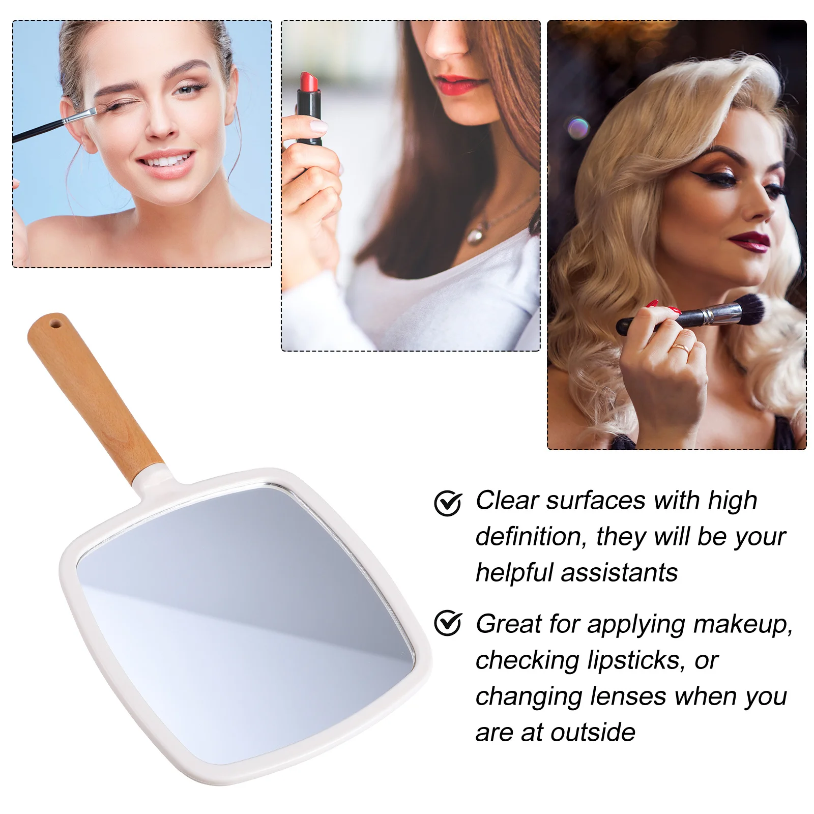 Espelho de maquiagem ergonômico com cabo de madeira, formato quadrado, portátil, leve, design compacto para mulheres e artistas profissionais, barbeiro
