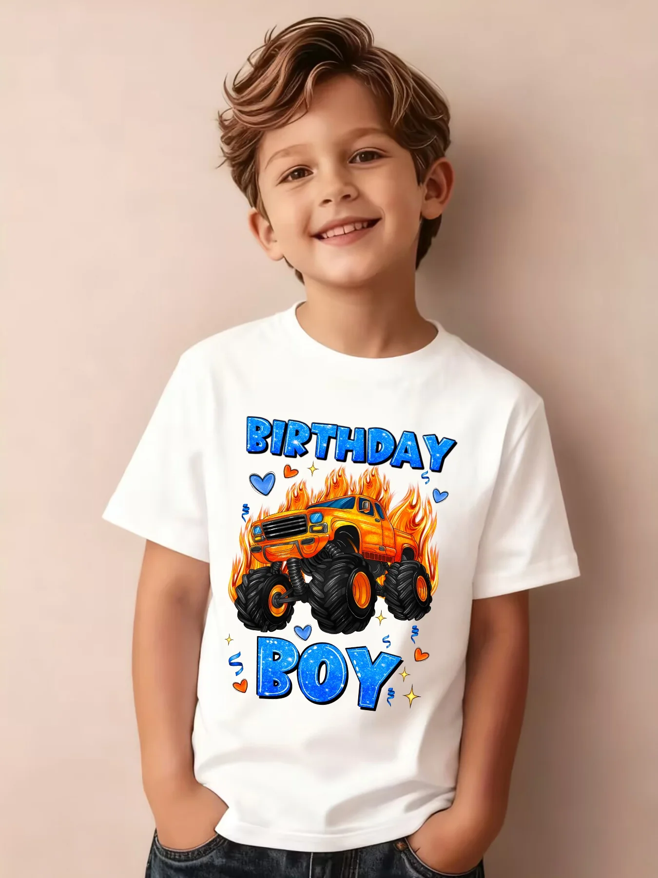Birthday Boy Flame Monster Truck Heart Print Family Matching Cotton Tees Short Sleeve Tops For Mom Dad Boys Girls Daily Wear