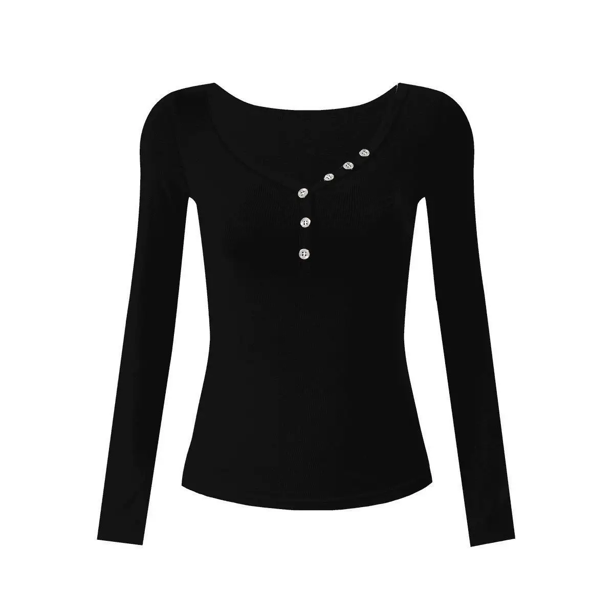 Damenkleidung Herbst-Outfit V-Ausschnitt Basic-Shirt Langarm Einfarbiges T-Shirt Mädchen Studentin Knopfdesign Elegantes Damen Slim Fit Top – Detail 11