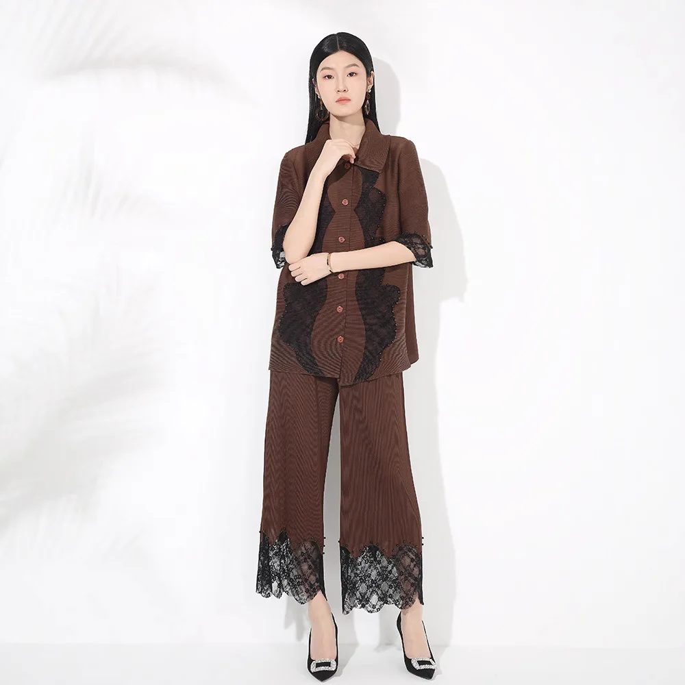 Set Sambungan Mode Kerut Celana Kaki Lurus Gantung Atasan Elastis Gesper Kerah Komuter Temperamen Kelas Atas Set Dua Potong